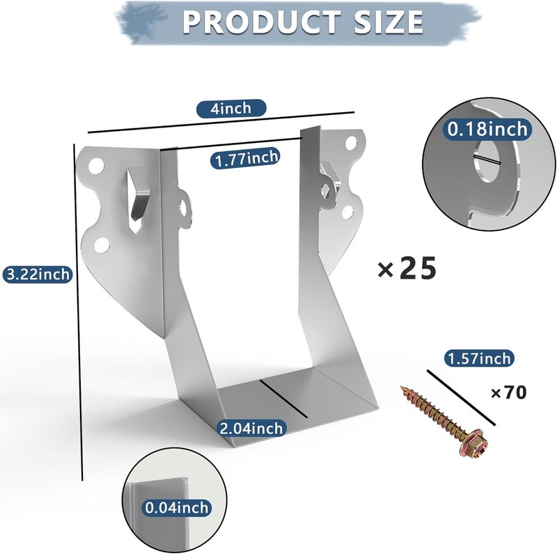 Oscorna 25 قطعة حوامل دعامات 2x4 مع براغي، حوامل دعامات وجهية مجلفنة بسمك 20، لخشب الأعمدة، روابط دعامات الإعصار، حوامل 2x4 للأرضيات والأسقف، موصلات عوارض الخشب - Image 3